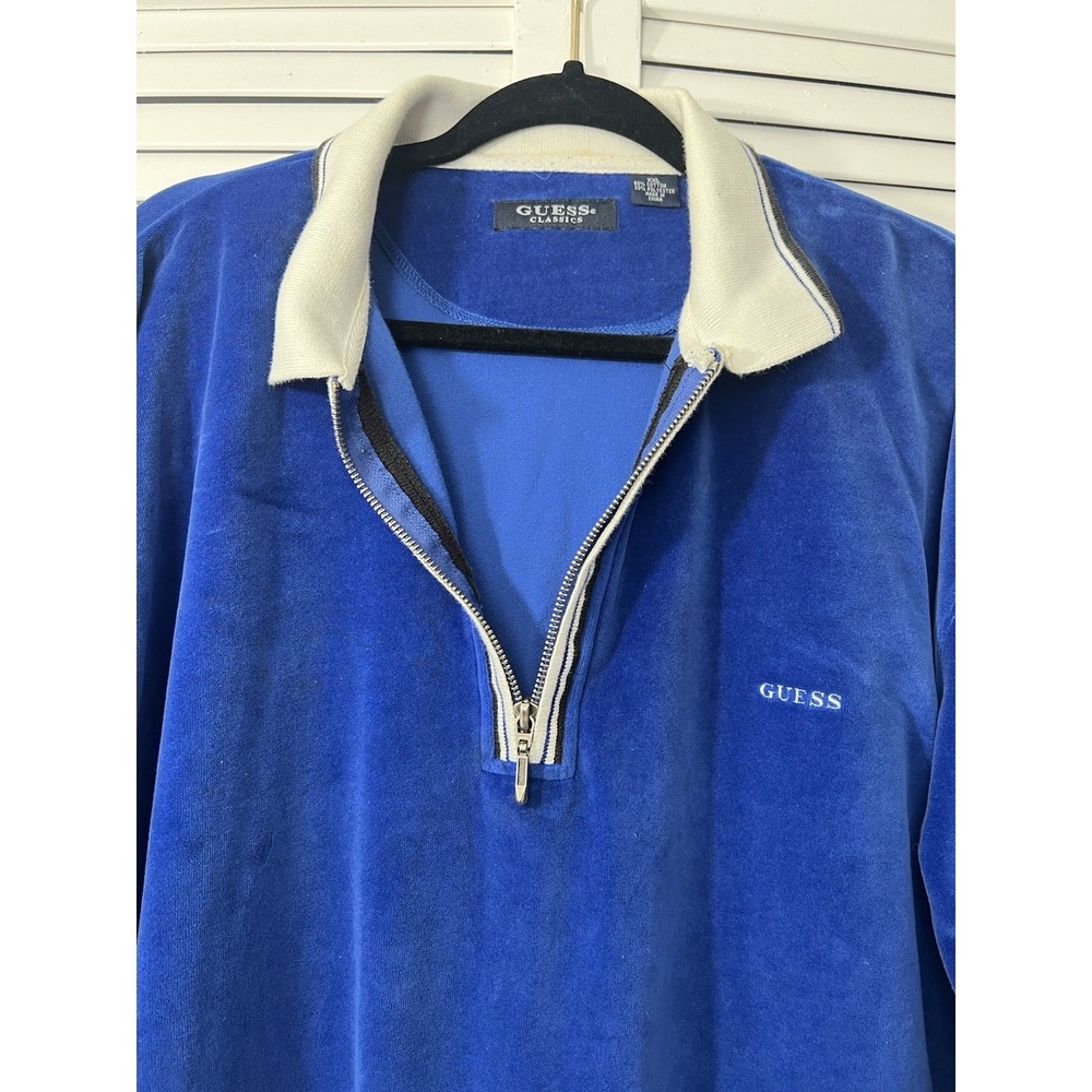 Y2K Vintage Men's Guess Jeans Blue Velour Polo Shirt Long Sleeve Collar Size XXL - Picture 4 of 8